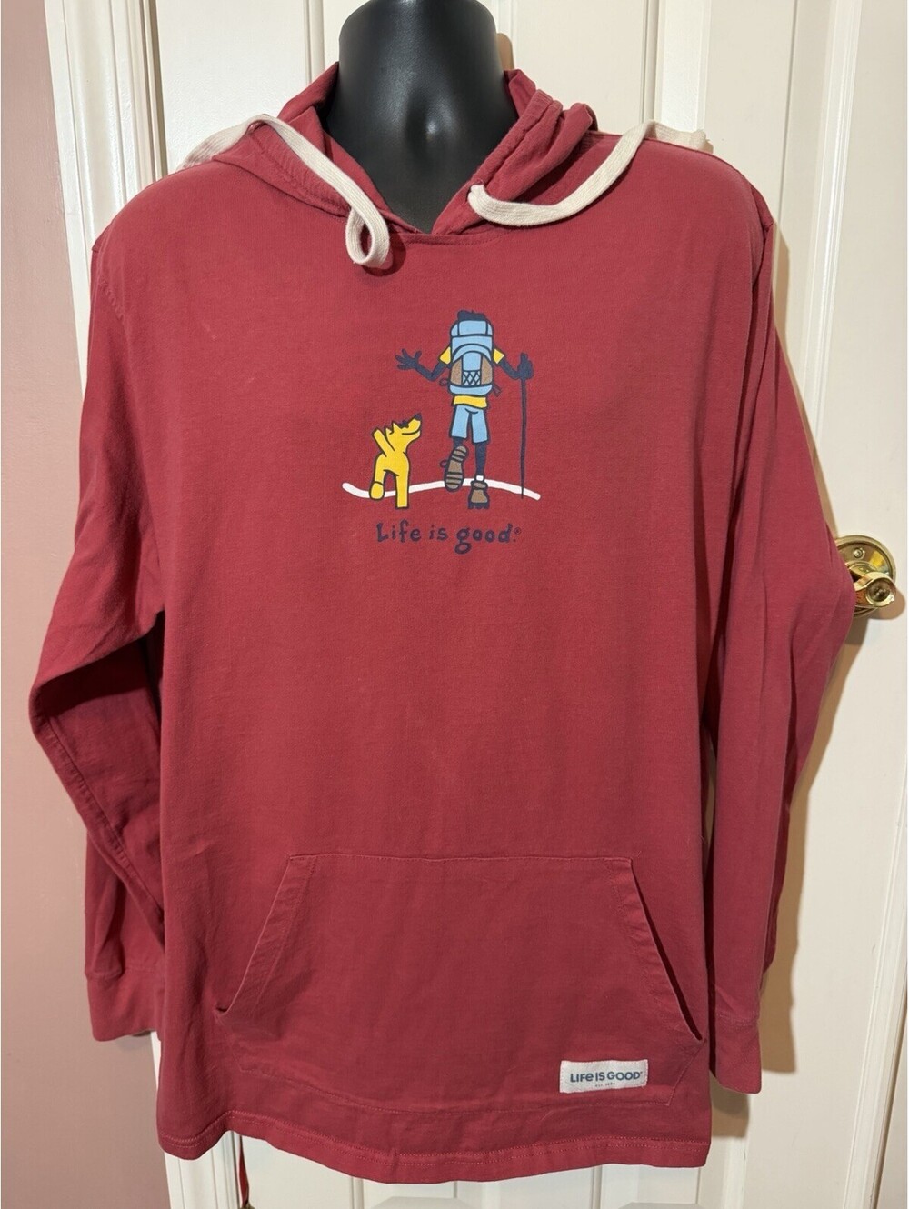 Life is Good Hiking Jake Dog Hoodie Mens XL Brick Red Lightweight